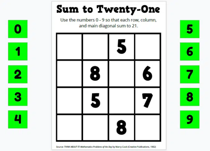 sum to twenty-one puzzle