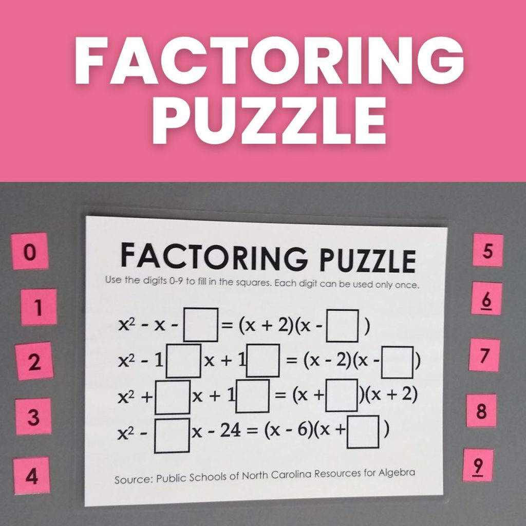 factoring quadratic trinomials puzzle for practicing factoring polynomials with movable pieces
