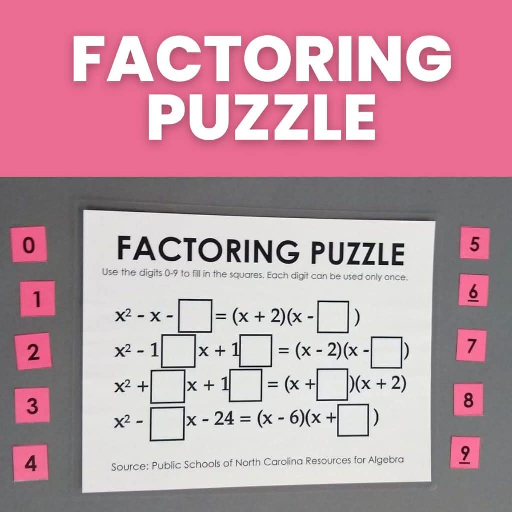 factoring quadratic trinomials puzzle for practicing factoring polynomials with movable pieces
