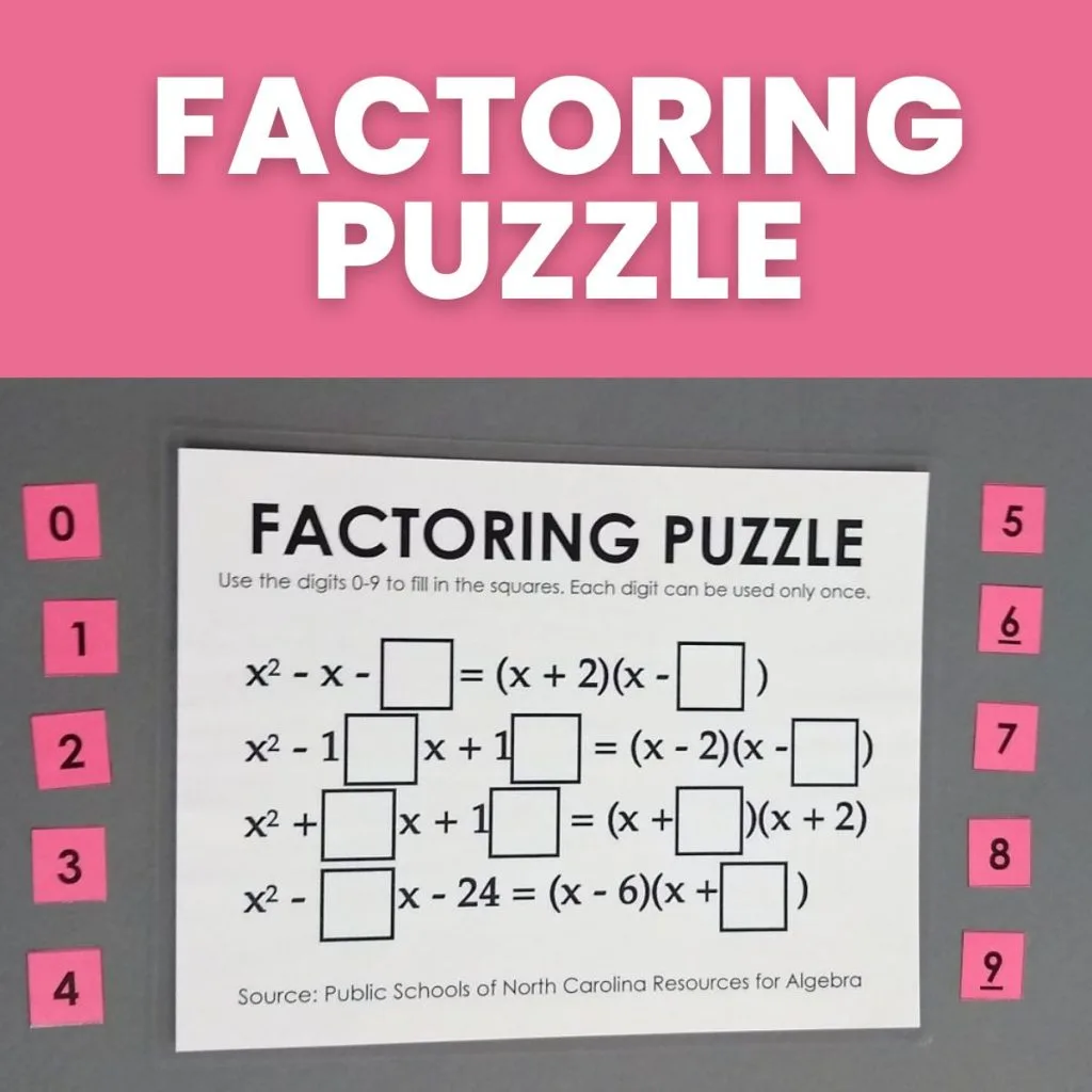 factoring quadratic trinomials puzzle for practicing factoring polynomials with movable pieces