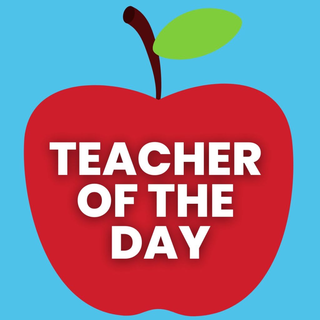 drawing of red apple with text "teacher of the day" 