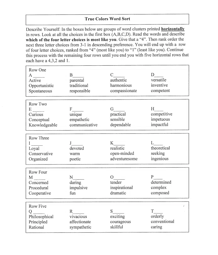 True Colors Personality Test linear regression activity