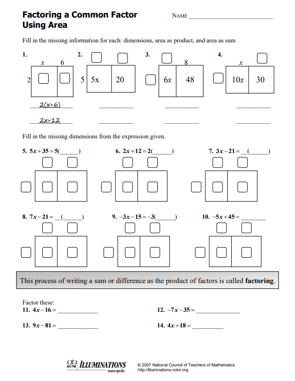 area model for teaching distributive property and factoring