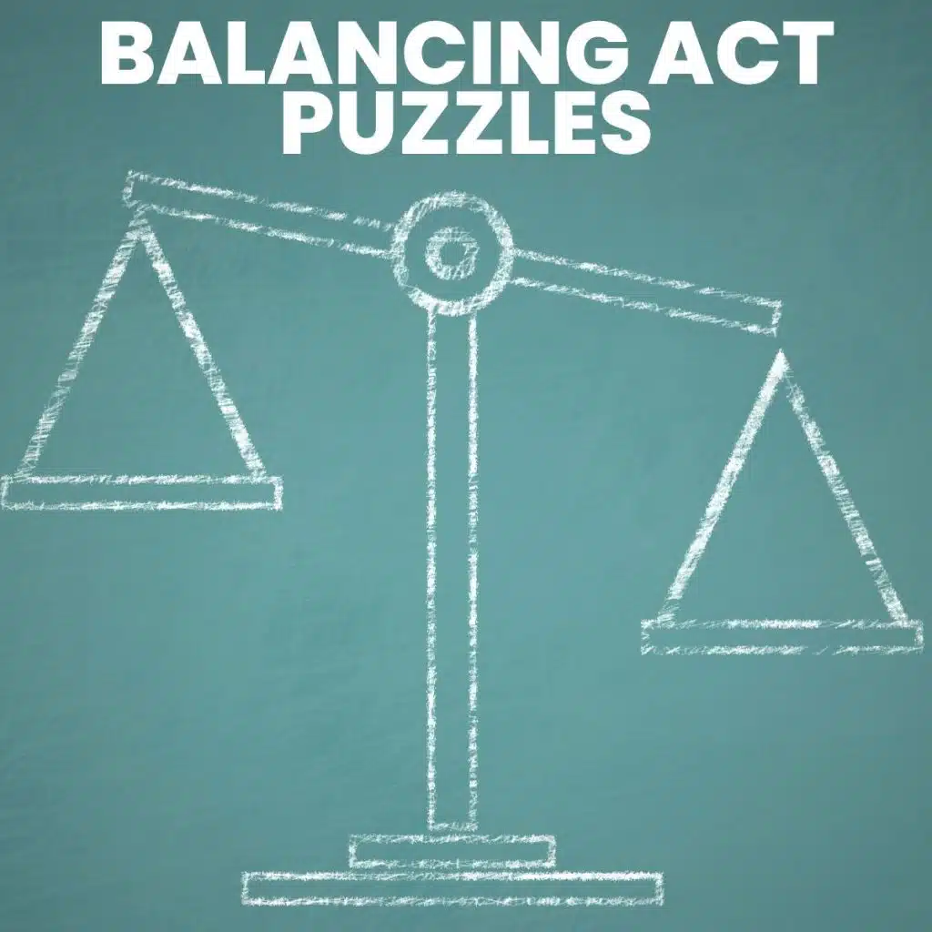 chalk drawing of scale with "balancing act puzzles" printed above