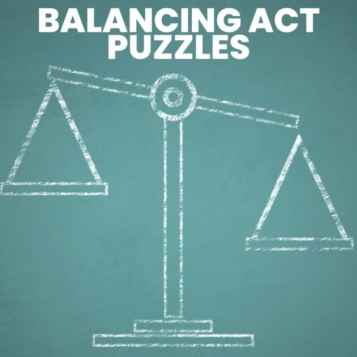 chalk drawing of scale with "balancing act puzzles" printed above