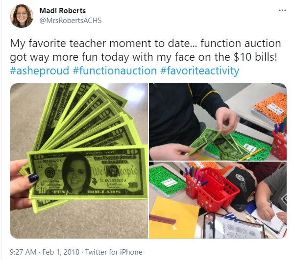 tweet showing function auction with custom money featuring teacher face. 