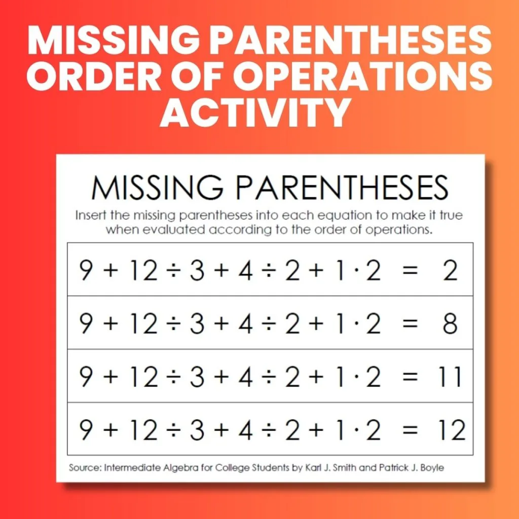 missing parentheses order of operations activity
