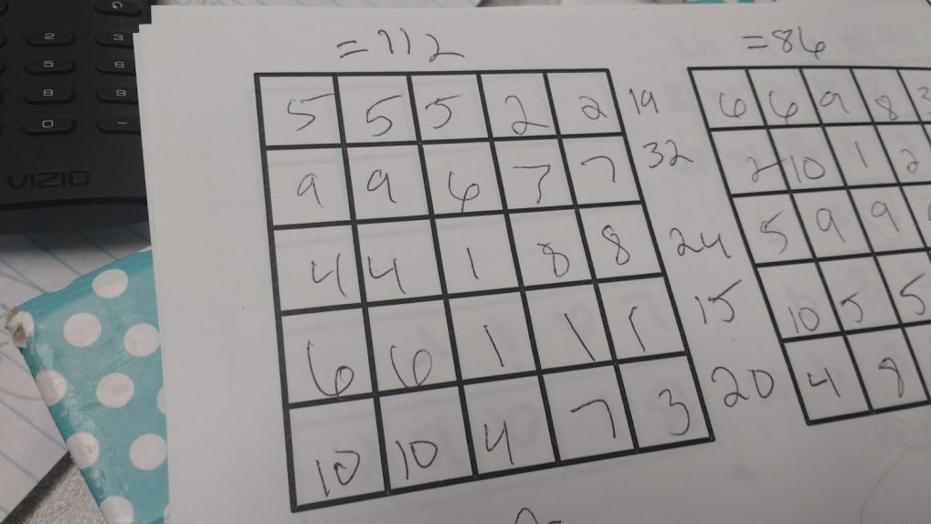 Student work playing 5 x 5 game. 