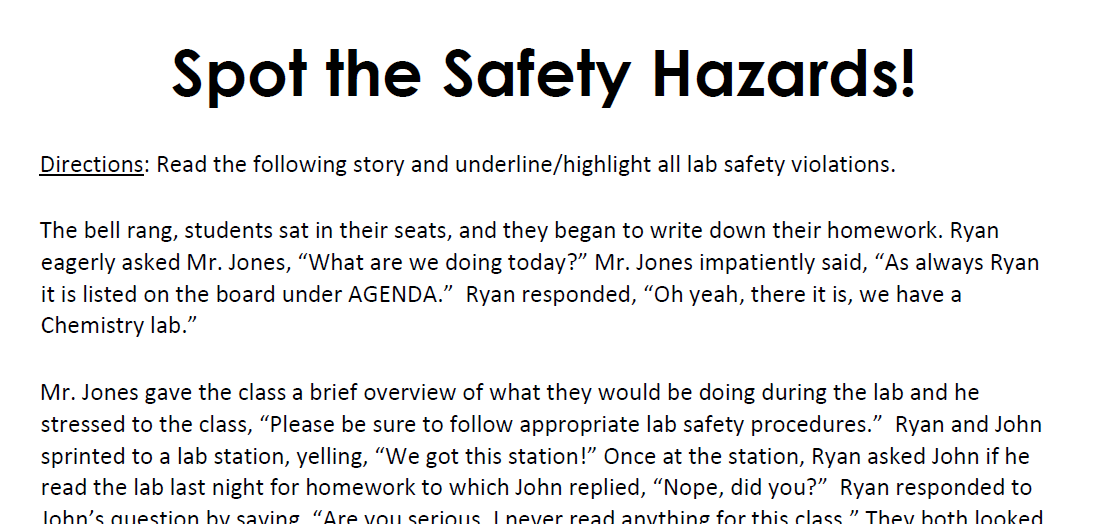 Story for students to read to spot lab safety hazards.
