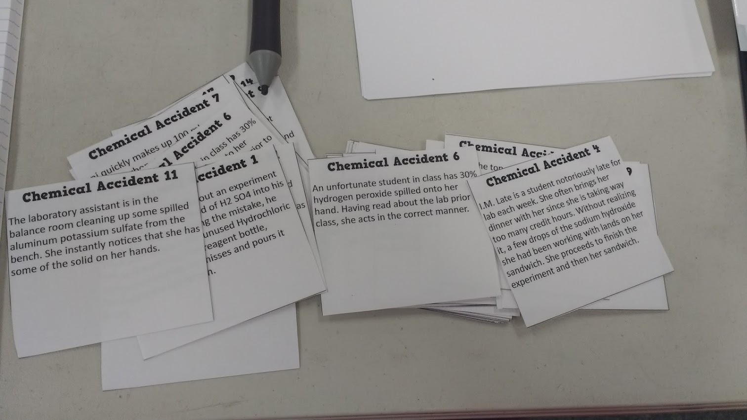 Printed cards with stories about chemical accidents.