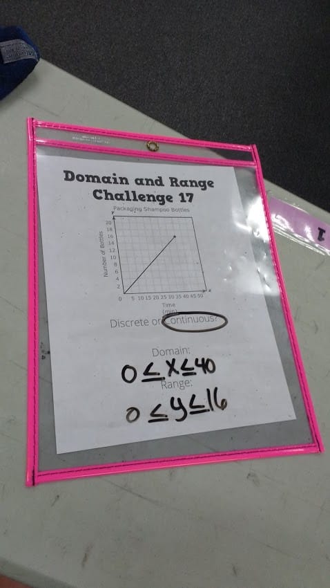 domain and range activity in dry erase pocket.