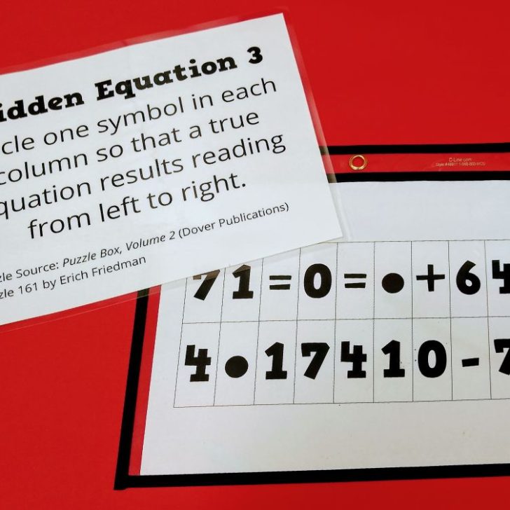 Hidden Equation Puzzle 3 in dry erase pocket.
