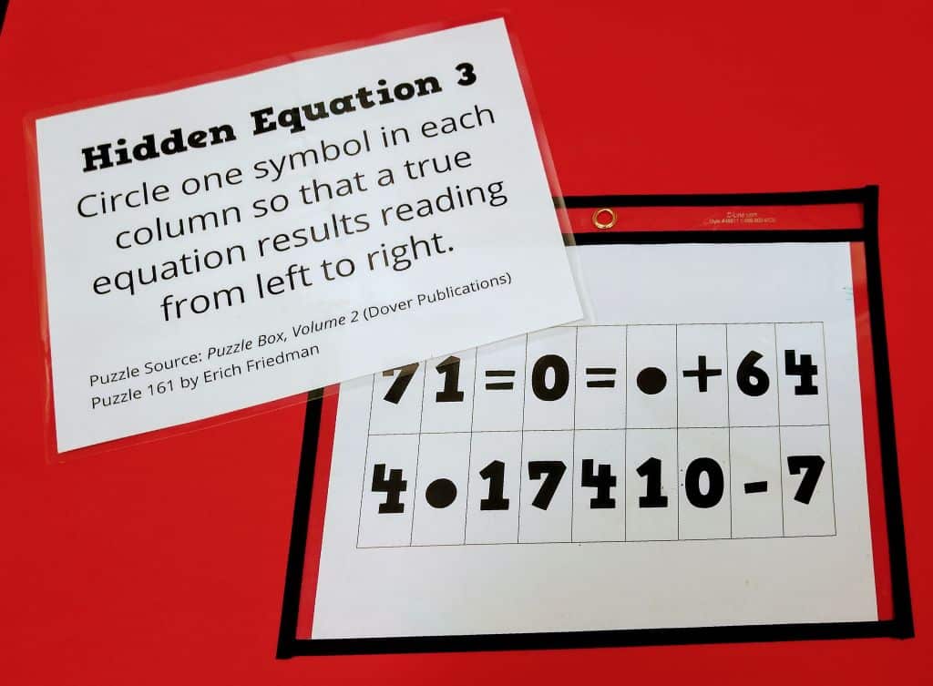 Hidden Equation Puzzle 3 in dry erase pocket.