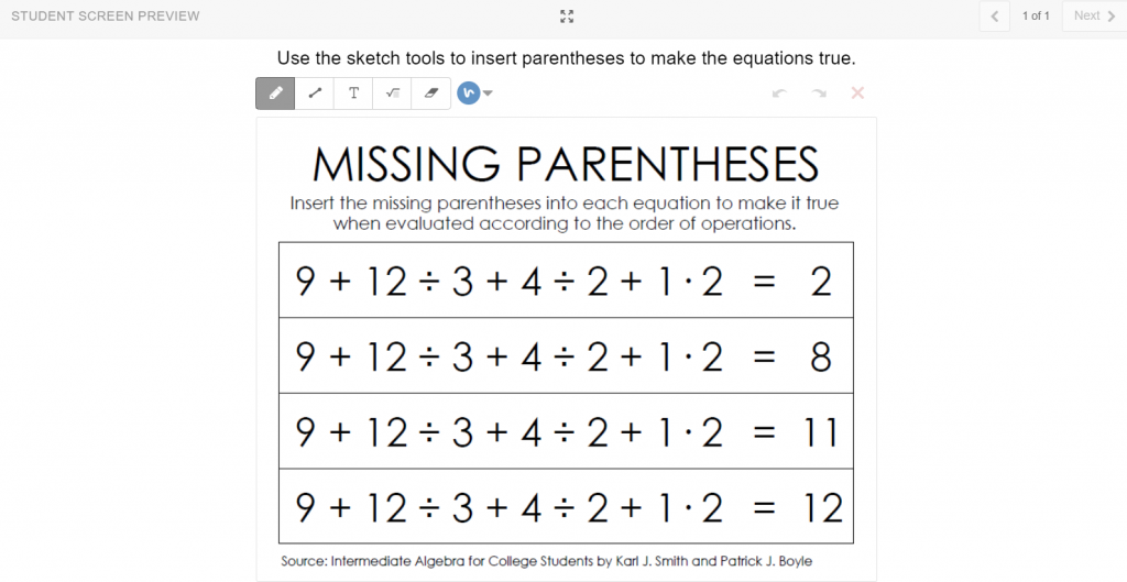 Desmos Version of missing parentheses order of operations activity 