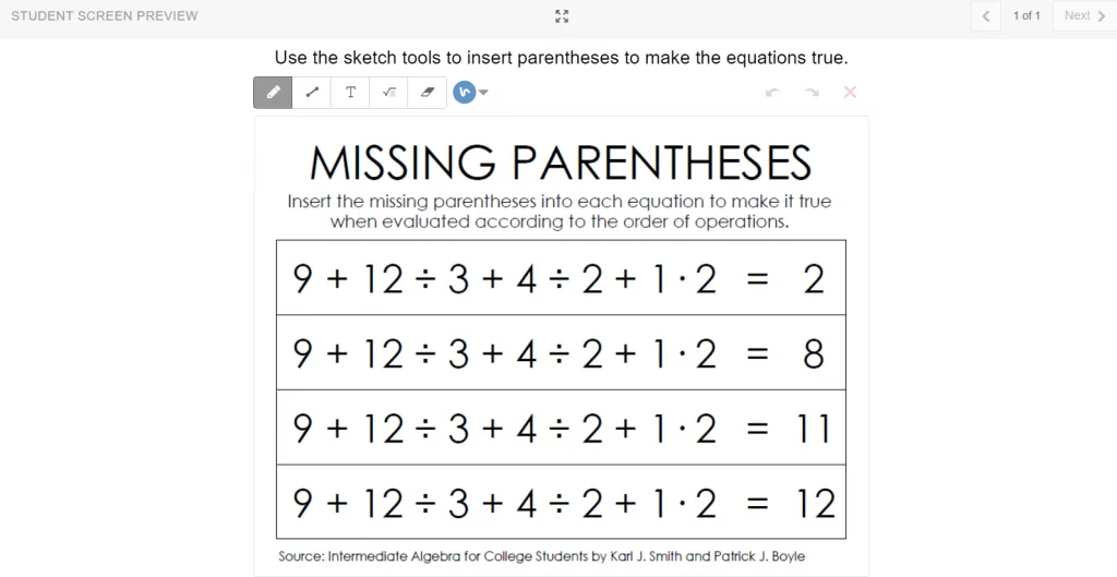 Desmos Version of missing parentheses order of operations activity 