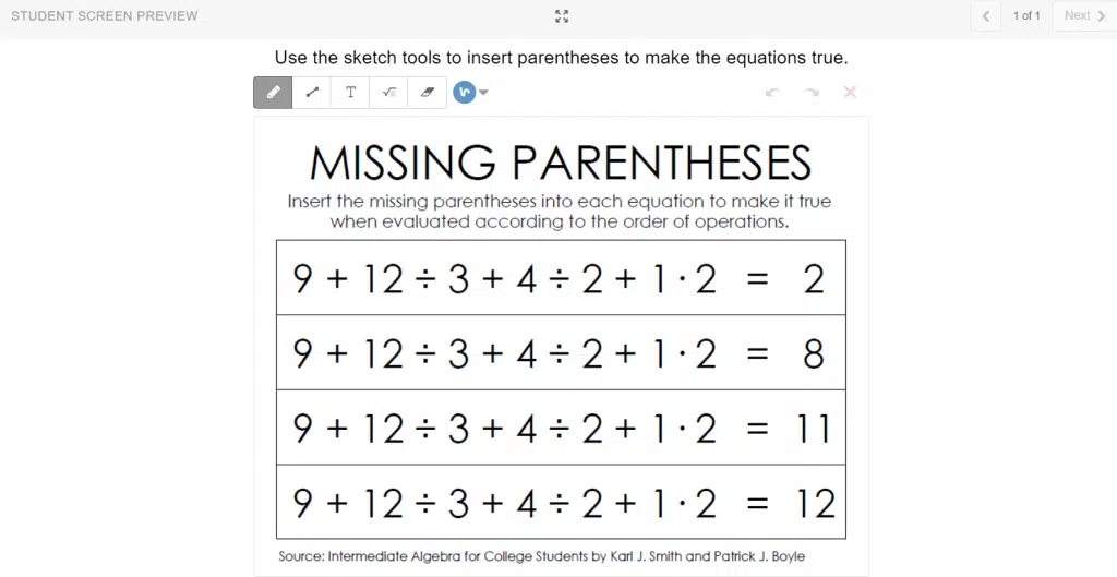 Desmos Version of missing parentheses order of operations activity 