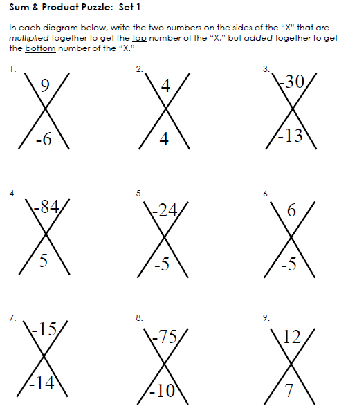 X (Diamond) Puzzle Activities for Factoring Quadratics and Integer  Operations
