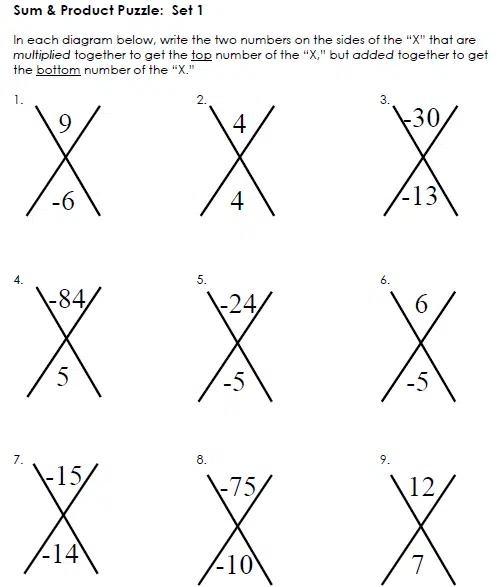 x puzzles review game to introduce factoring quadratics sum product puzzles