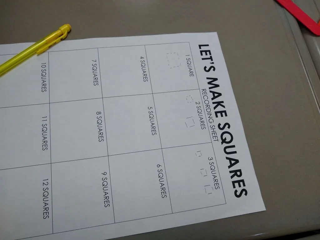 student recording sheet for let's make squares activity. 