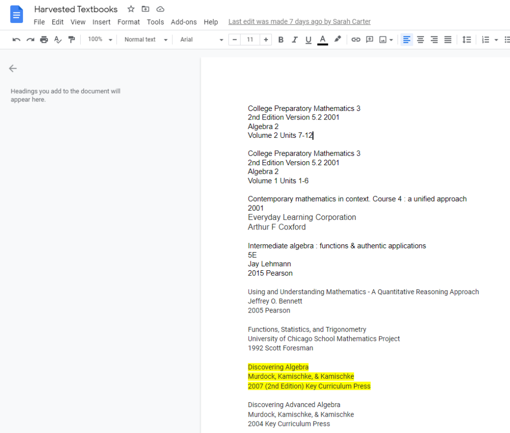Screenshot of Google Doc with Harvested Textbooks. 
