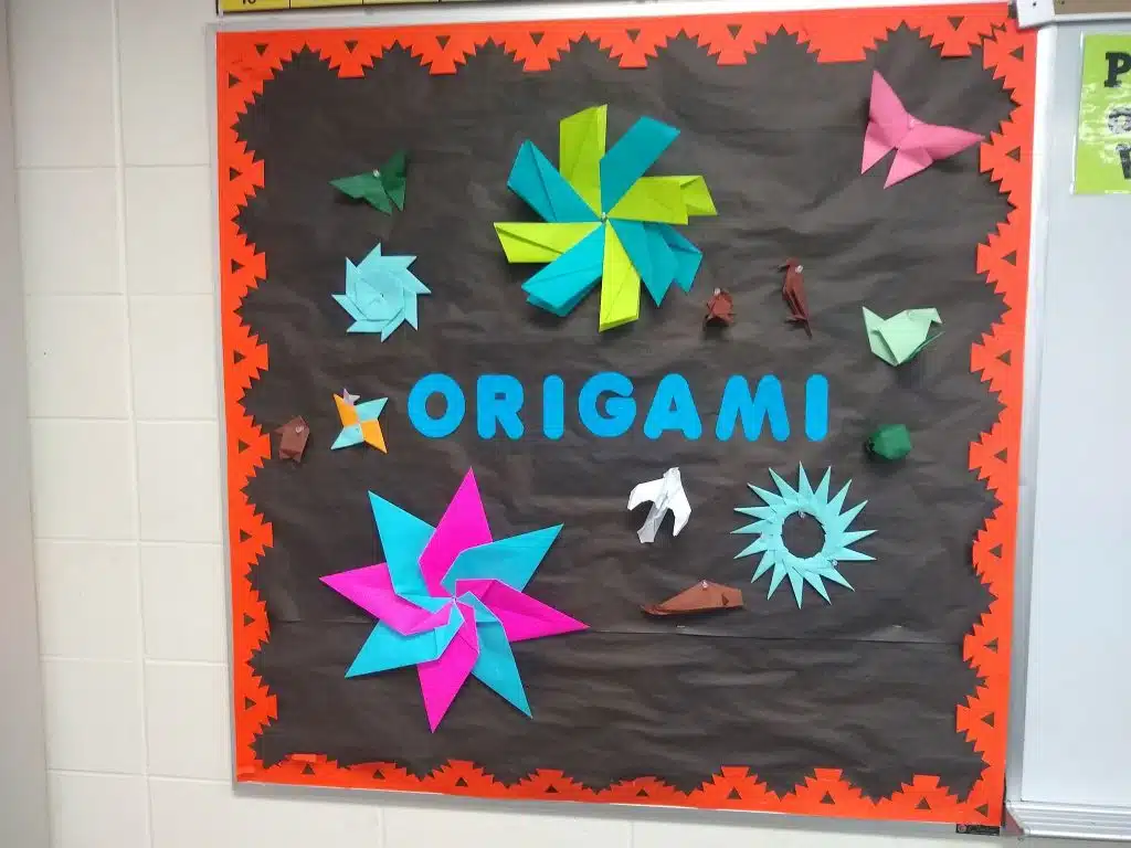 origami bulletin board in high school math classroom. 