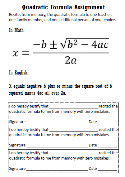 quadratic formula memory assignment