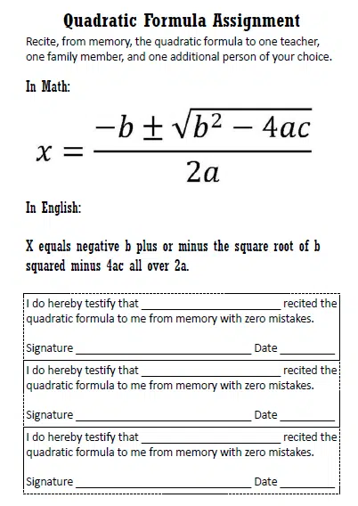 quadratic formula memory assignment