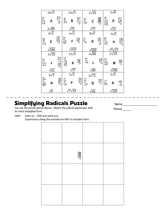 simplifying radicals puzzle
