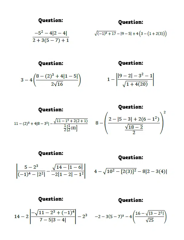 Order of Operations Question Stack Activity