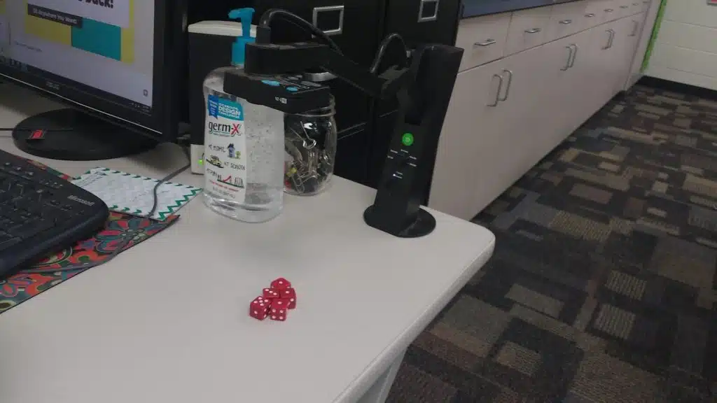 playing petals around the rose with dice under the document camera. 