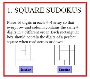 Square Sudoku Puzzles from Erich Friedman.