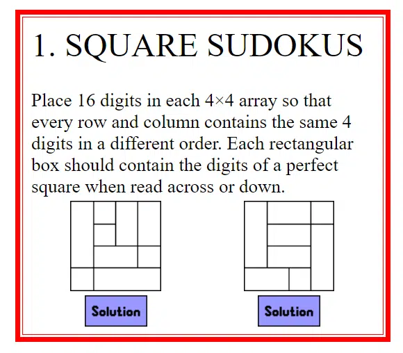 square sudoku puzzles erich friedman