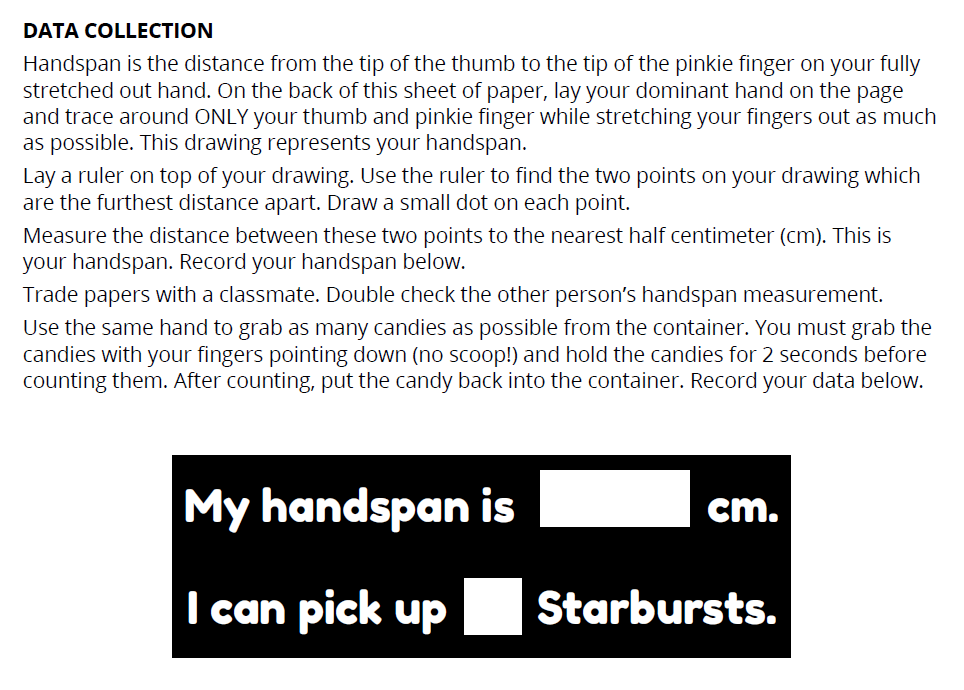 instructions for measuring hand span for candy grab lab. 