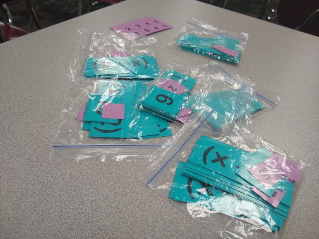 Ziplock Bags of colored cards for common denominators activity. 