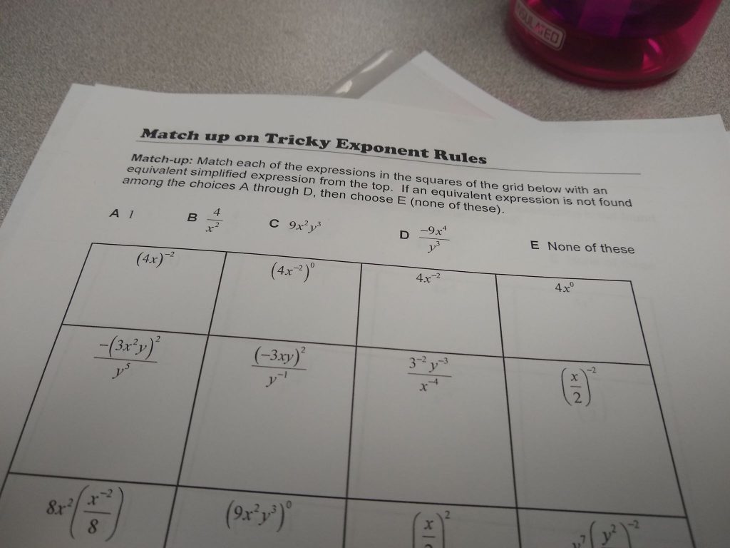 Copy of Exponent Rules Match Up Activity Worksheet. 