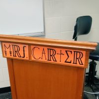 name poster on podium written in math symbols.