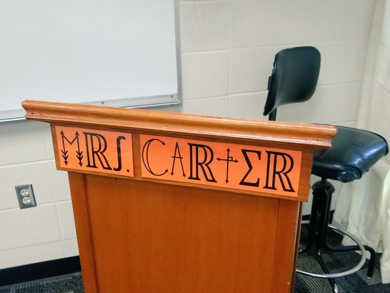 name poster on podium written in math symbols.
