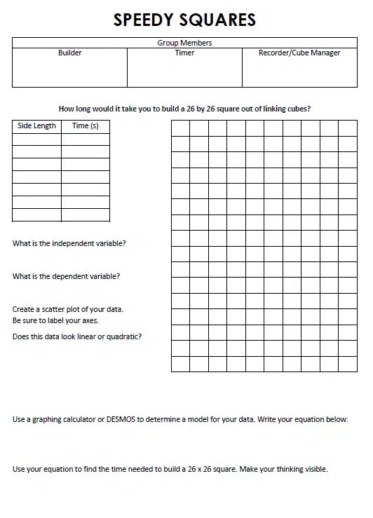 Activity Page for Speedy Squares Activity. 