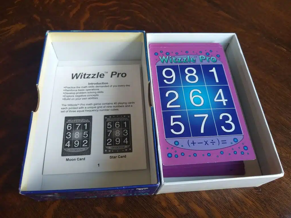 inside of Witzzle Pro Math Game box 