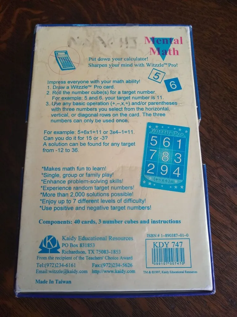 back of Witzzle Pro Math Game box