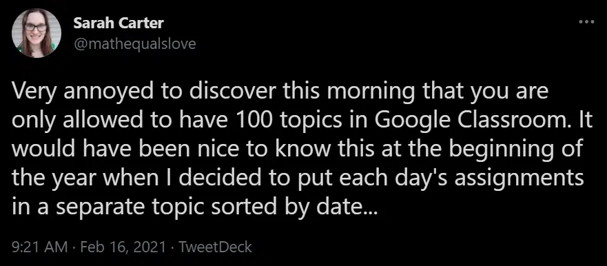Tweet about Google Classroom Issue 