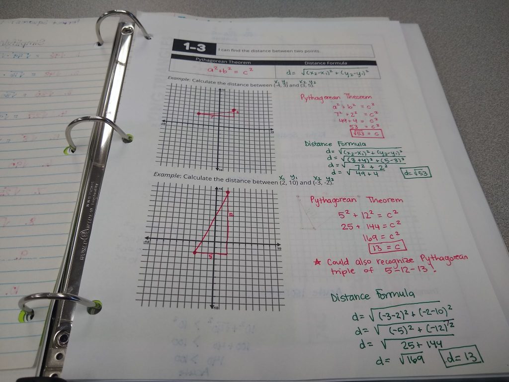 pythagorean theorem and distance formula notes in binder 