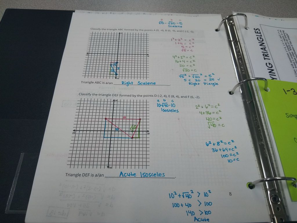 pythagorean theorem and distance formula notes in binder 