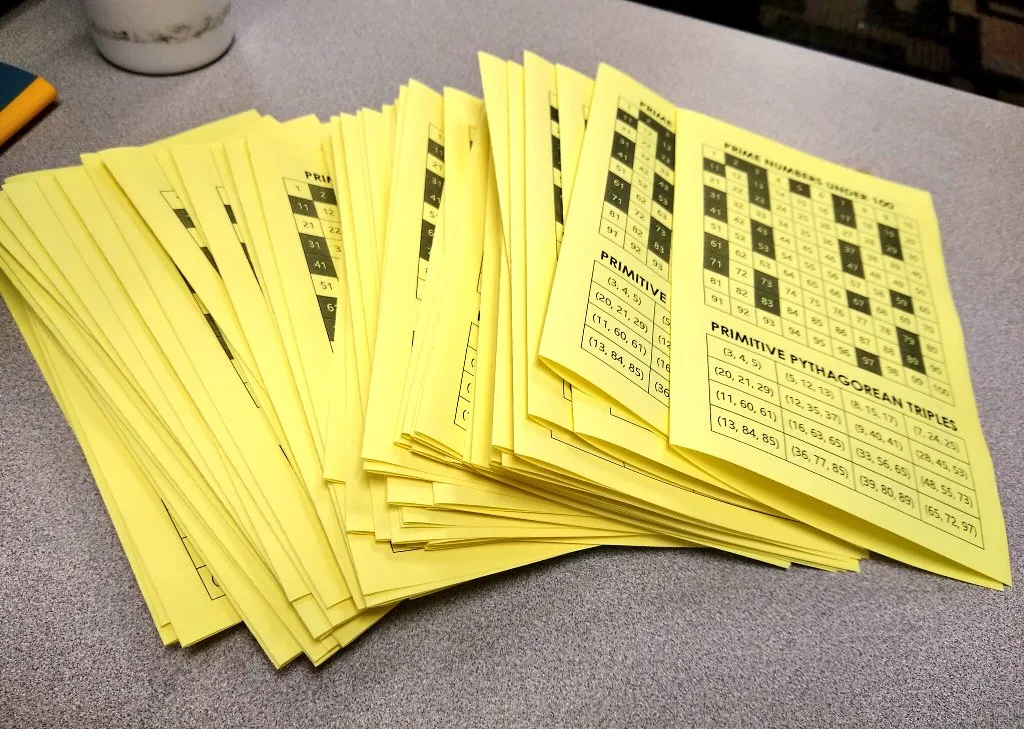 Stack of Foldable Math Reference Charts on Desk 