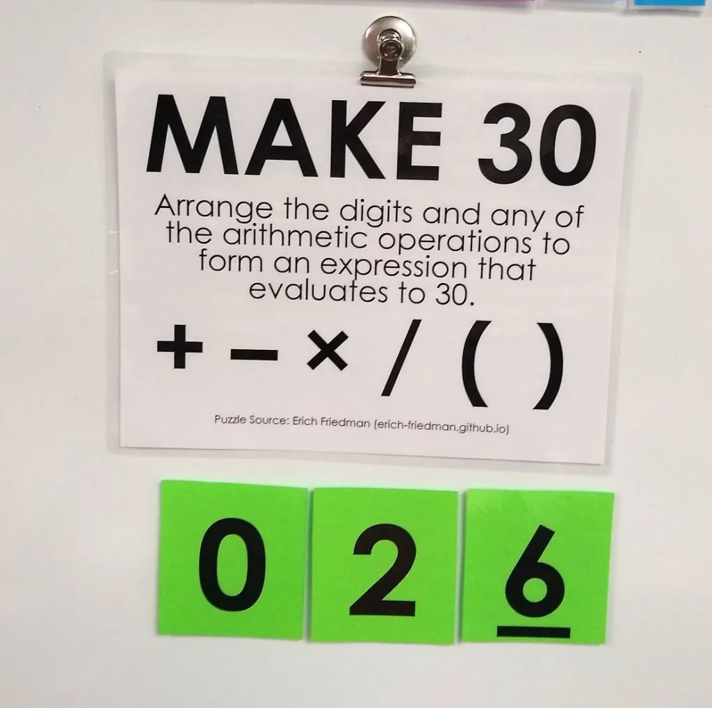 Example of Make 30 Puzzles on Dry Erase Board. 