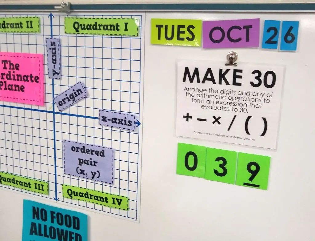 Make 30 Puzzles on Dry Erase Board Next to Coordinate Plane. 