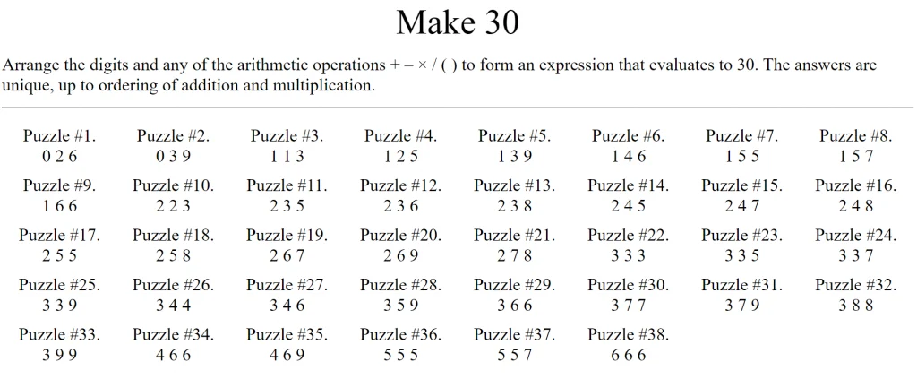 Screenshot of Make 30 Puzzles from Erich Friedman's Website. 