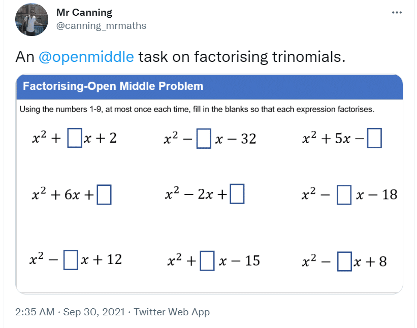 open middle task for factoring polynomials. 