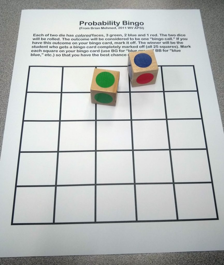 Blank probability bingo card with wooden dice. 