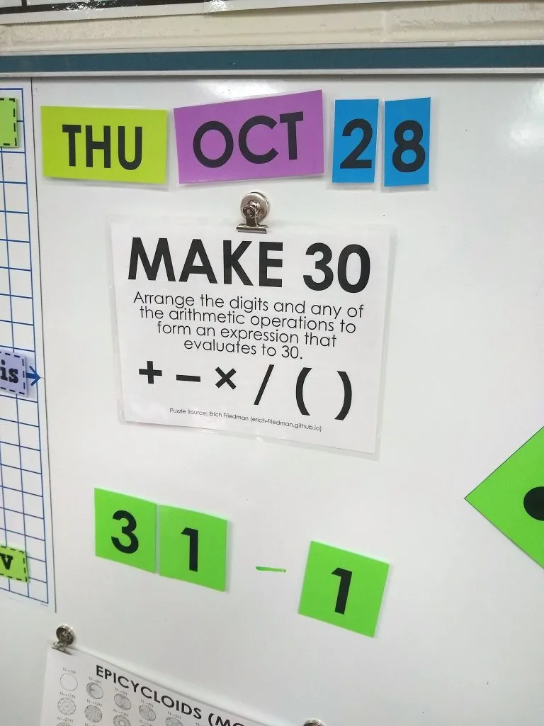 Student Solution to Make 30 Puzzle on Dry Erase Board. 
